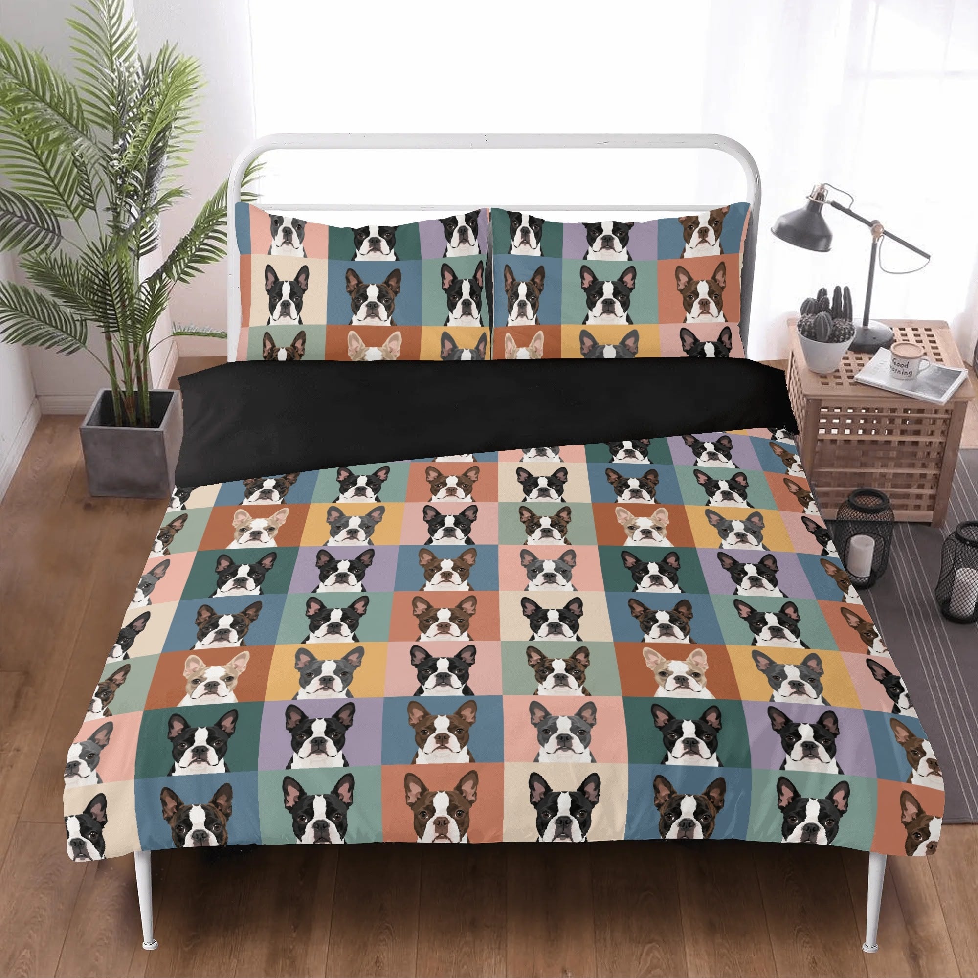 Pop Art Style Colored Boston Terriers Modern Tiles Pattern 3 Pcs Beddings . Black