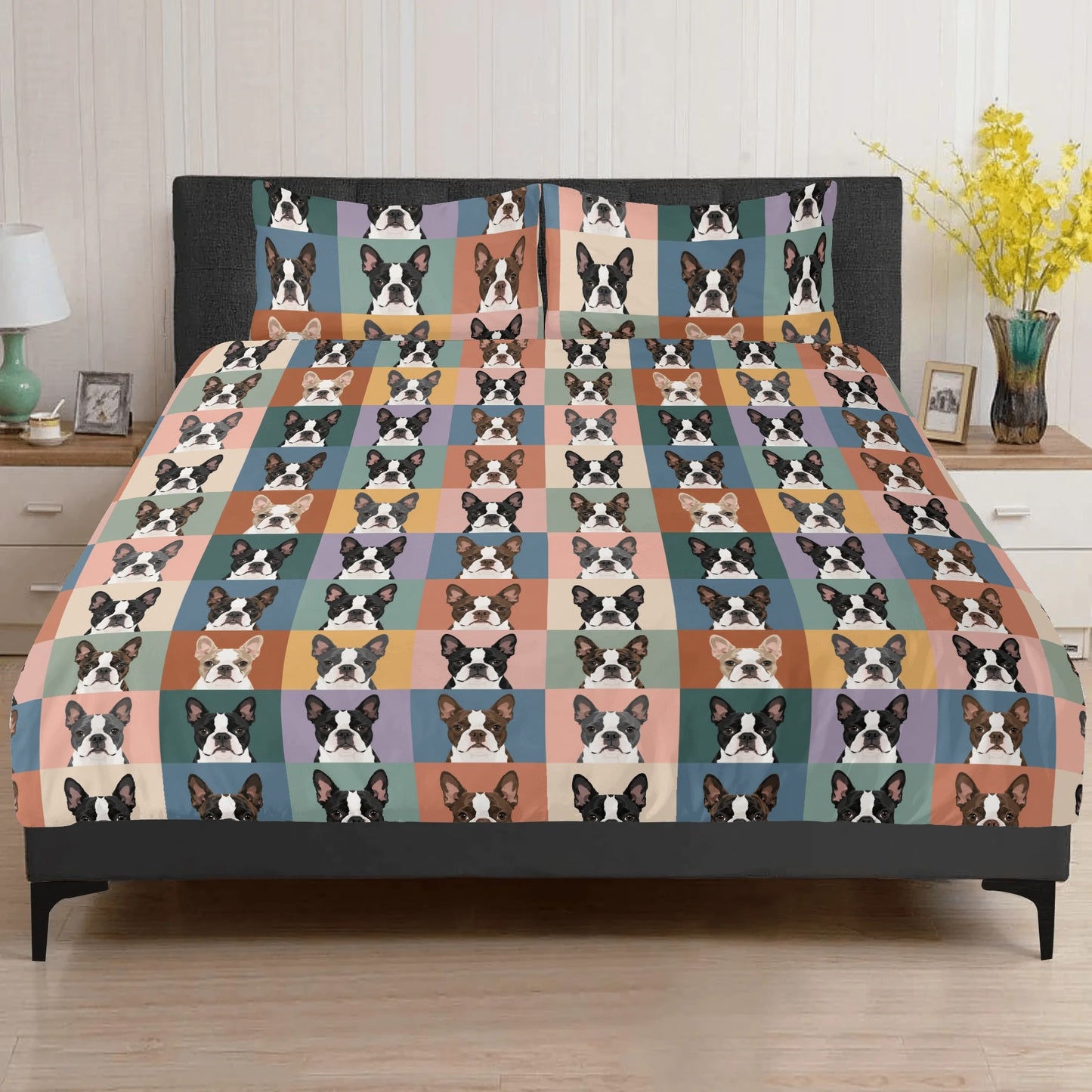 Pop Art Style Colored Boston Terriers Modern Tiles Pattern 3 Pcs Beddings .