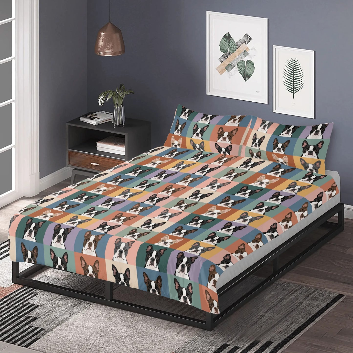 Pop Art Style Colored Boston Terriers Modern Tiles Pattern 3 Pcs Beddings .