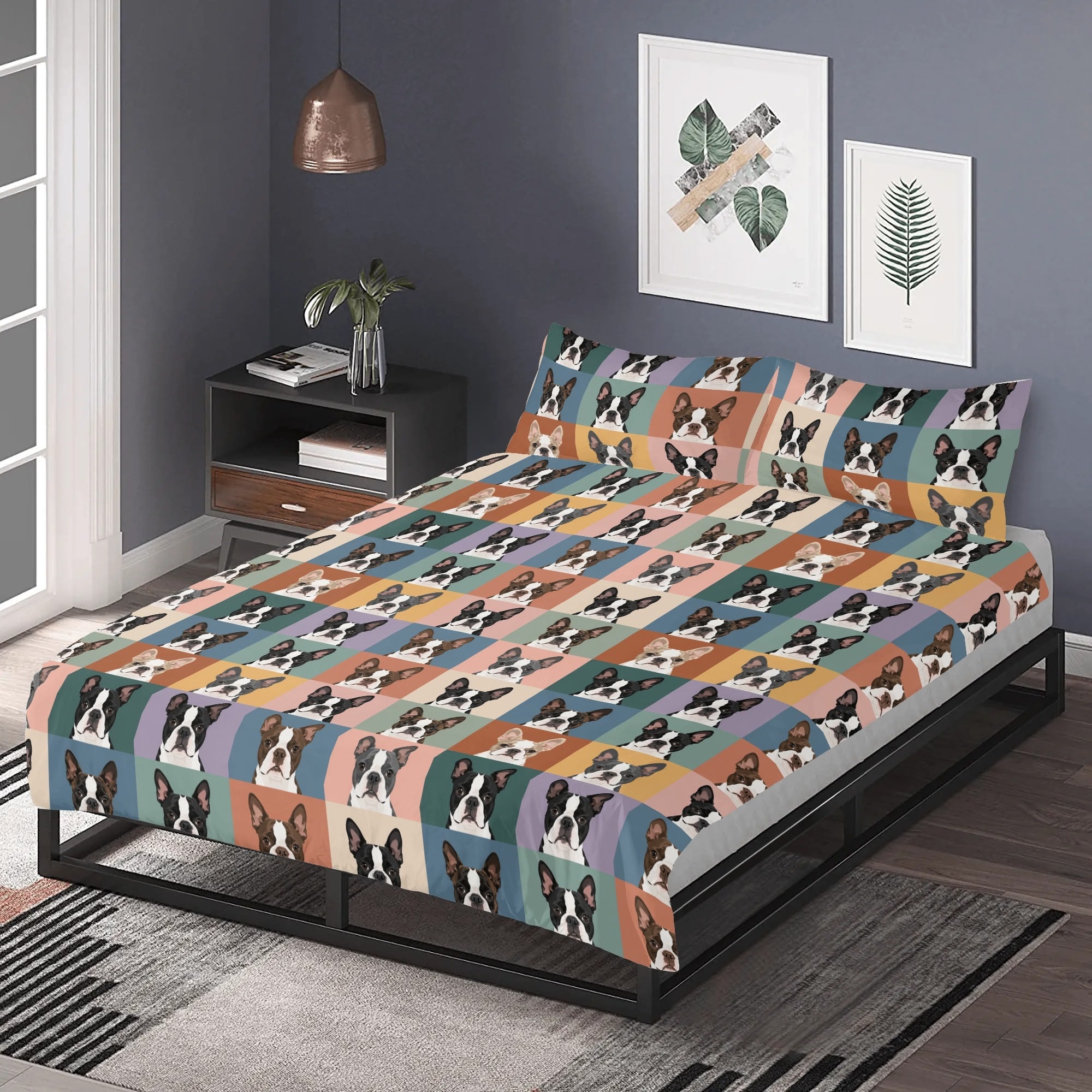 Pop Art Style Colored Boston Terriers Modern Tiles Pattern 3 Pcs Beddings .