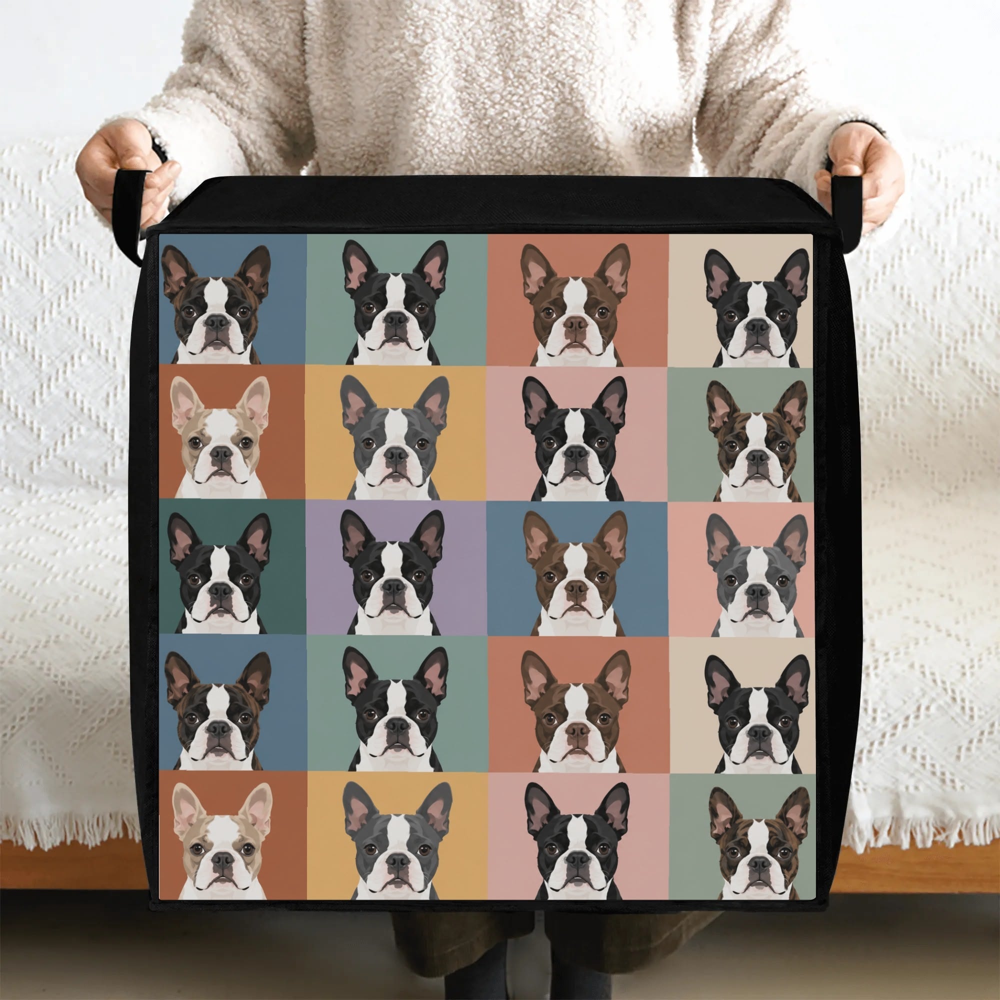 Pop Art Style Colored Boston Terriers Modern Tiles Pattern Storage Box Bag .