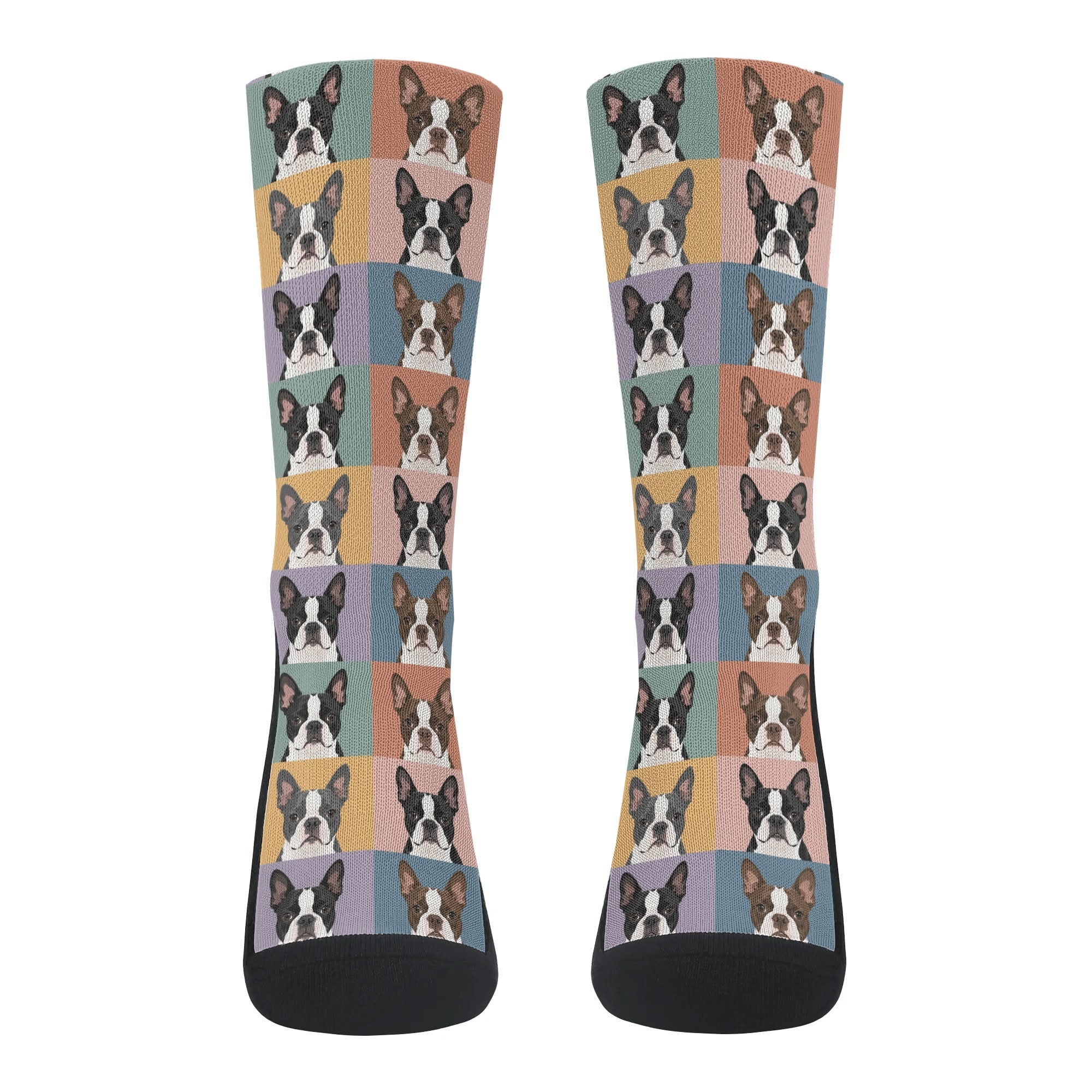 Pop Art Style Colored Boston Terriers Modern Tiles Pattern Crew Socks .