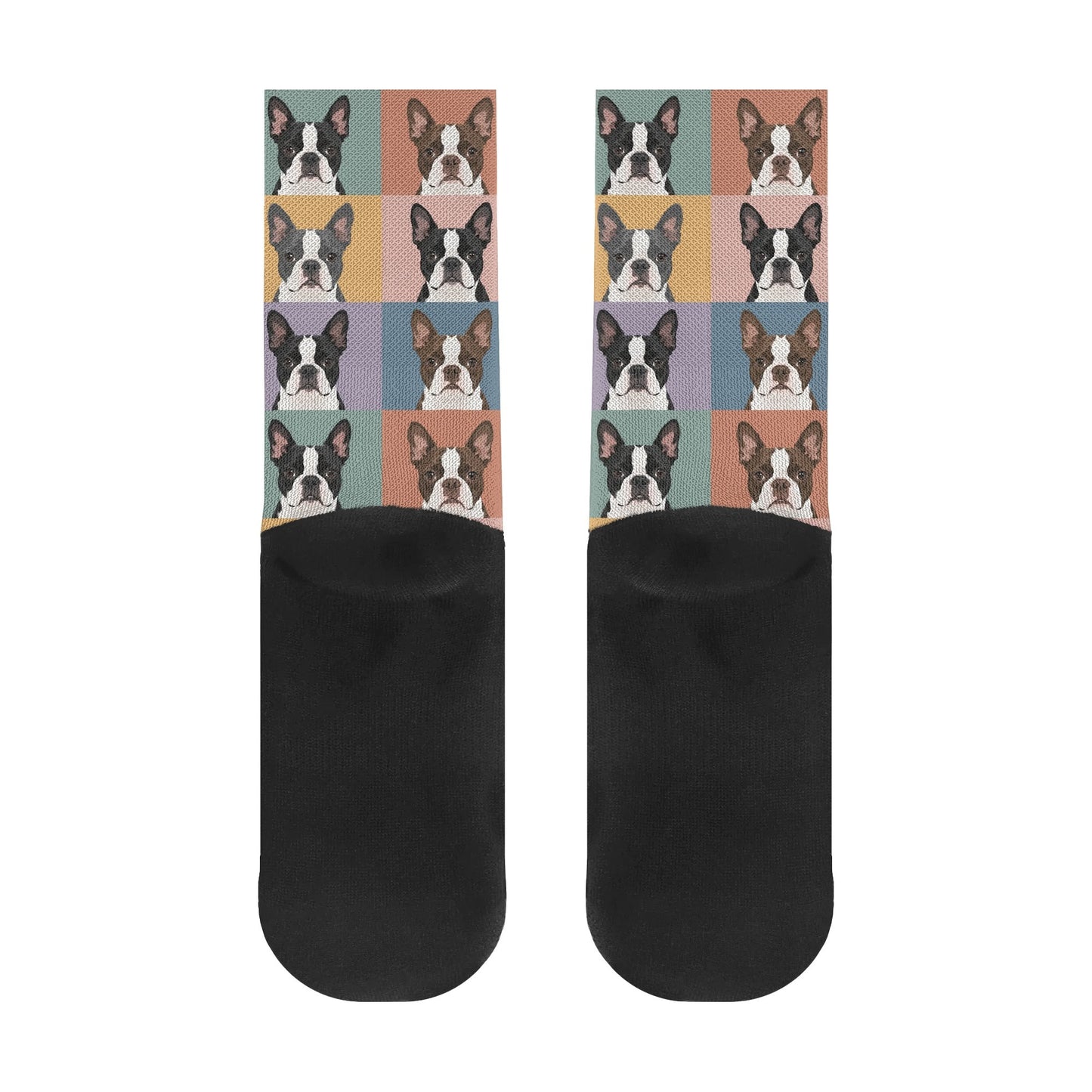 Pop Art Style Colored Boston Terriers Modern Tiles Pattern Crew Socks .