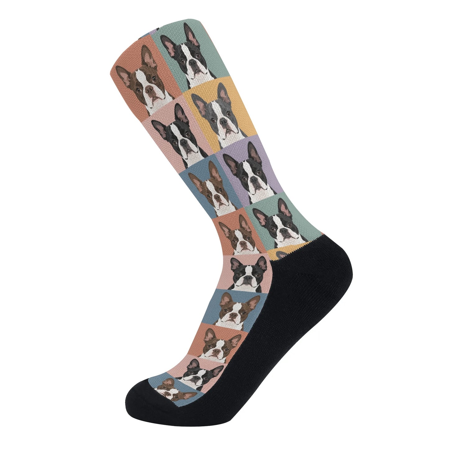 Pop Art Style Colored Boston Terriers Modern Tiles Pattern Crew Socks .