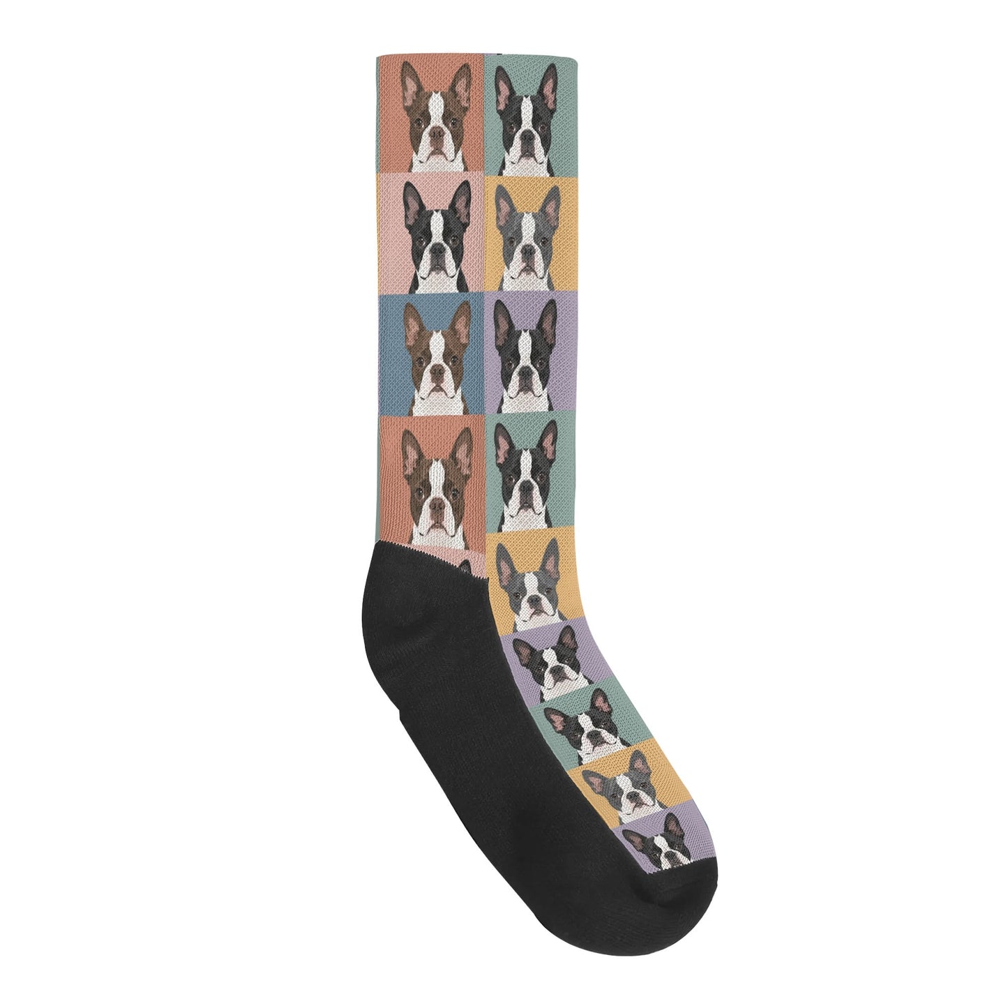 Pop Art Style Colored Boston Terriers Modern Tiles Pattern Crew Socks .