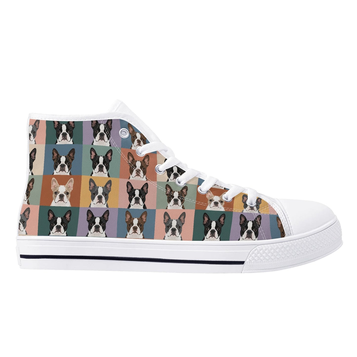 Pop Art Style Colored Boston Terriers Modern Tiles Pattern Unisex Rubber High Top Canvas Shoes .