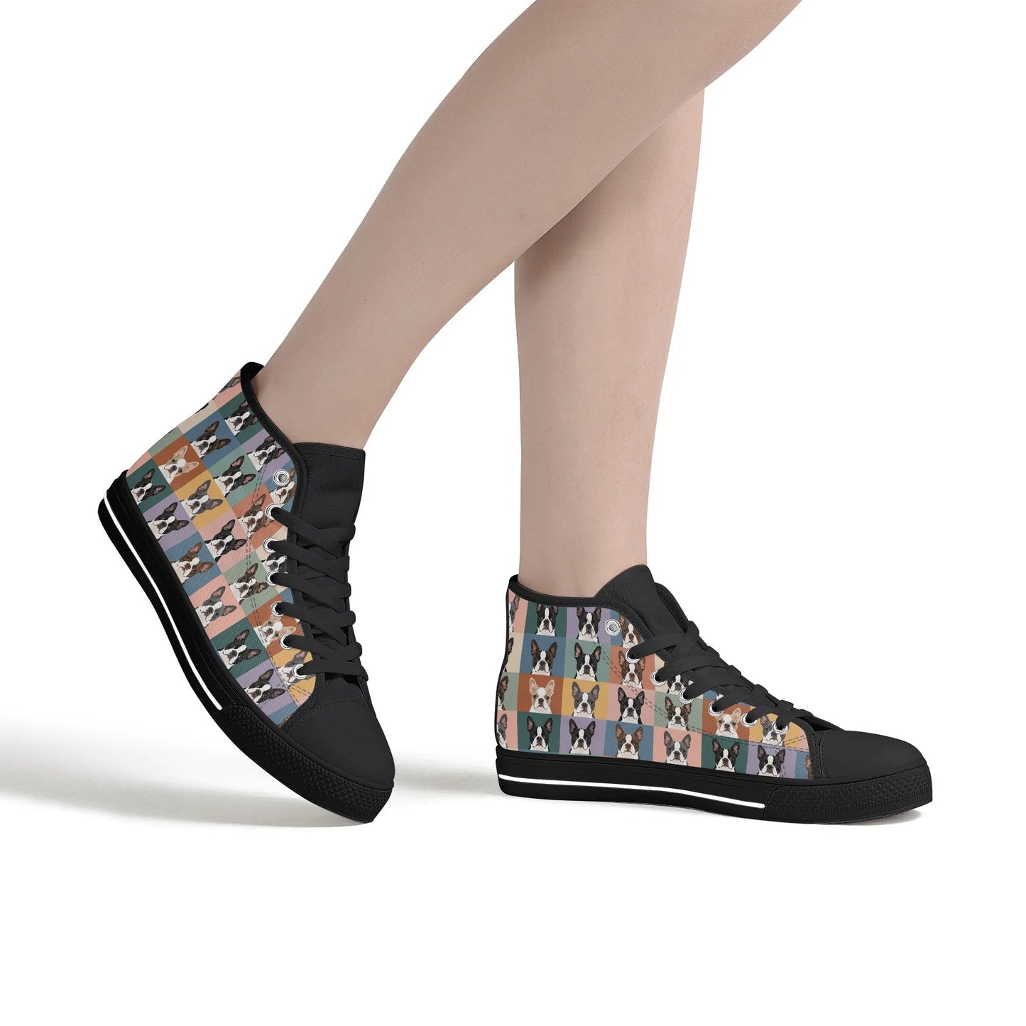 Pop Art Style Colored Boston Terriers Modern Tiles Pattern Unisex Rubber High Top Canvas Shoes .