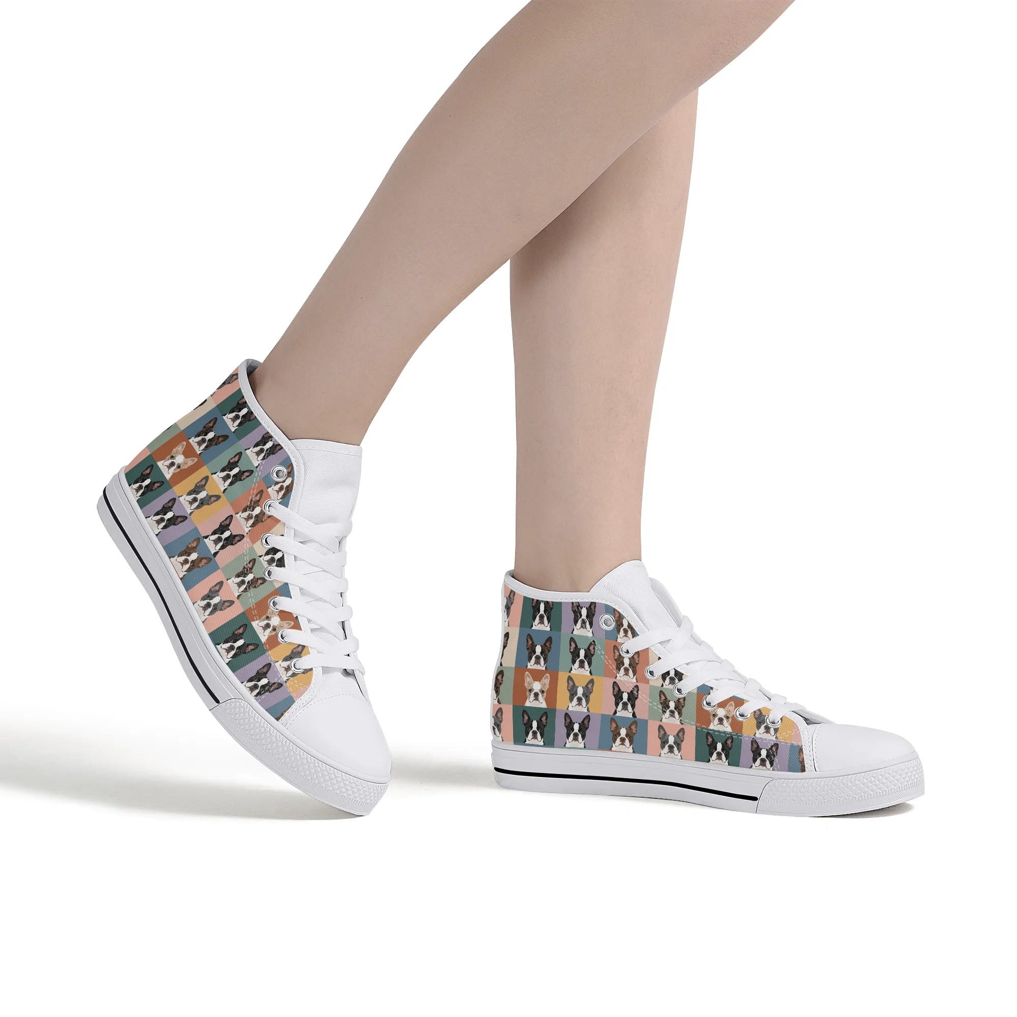 Pop Art Style Colored Boston Terriers Modern Tiles Pattern Unisex Rubber High Top Canvas Shoes .