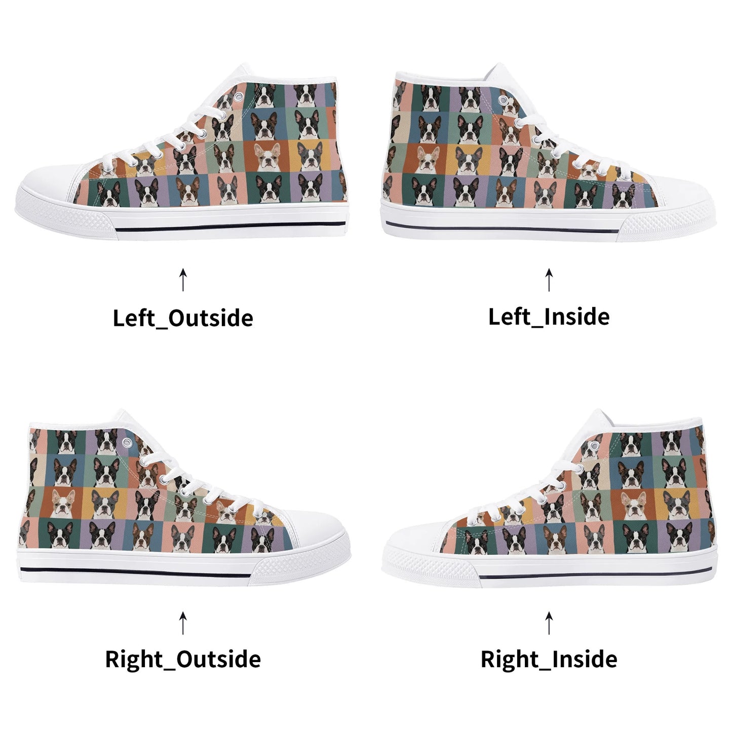 Pop Art Style Colored Boston Terriers Modern Tiles Pattern Unisex Rubber High Top Canvas Shoes .