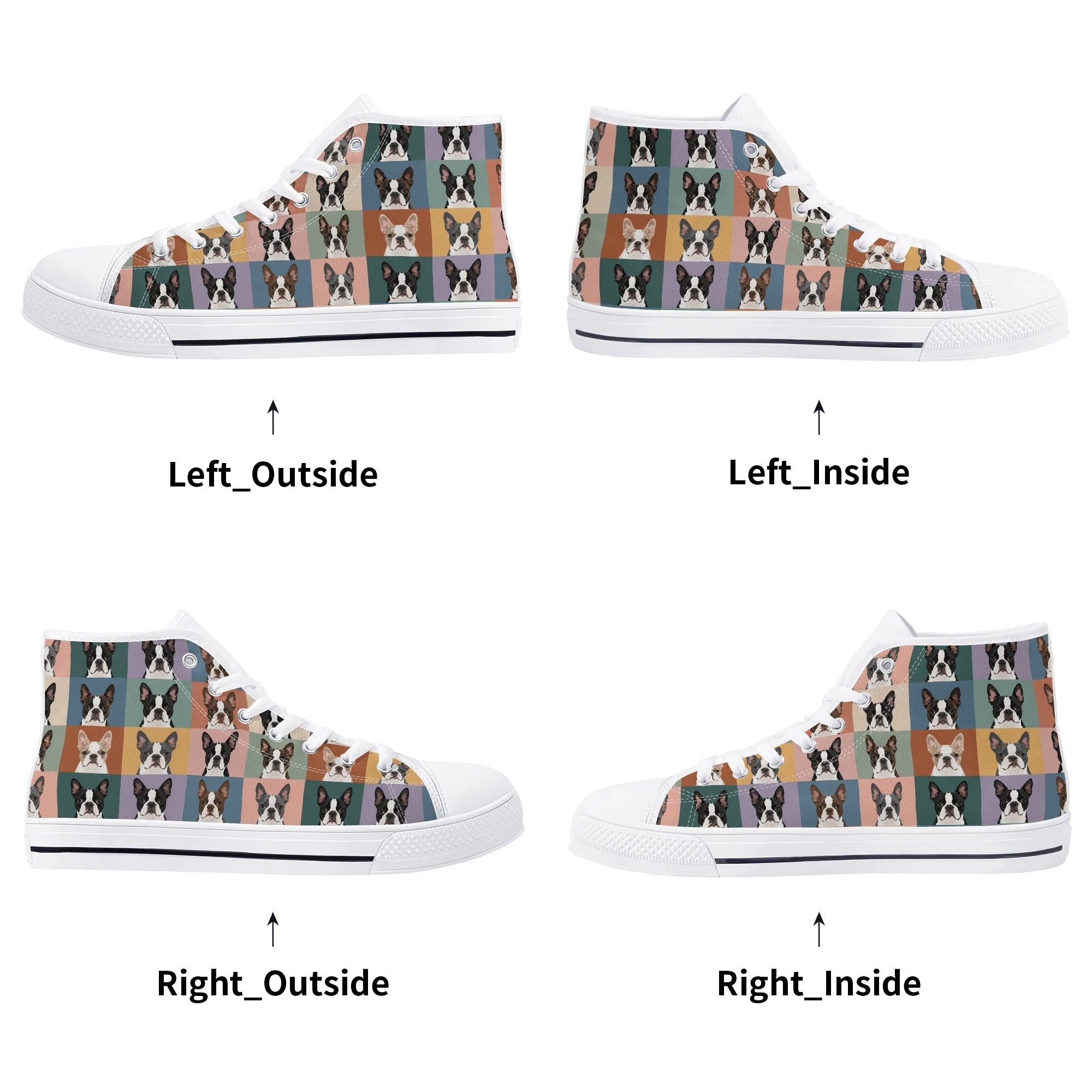 Pop Art Style Colored Boston Terriers Modern Tiles Pattern Unisex Rubber High Top Canvas Shoes .