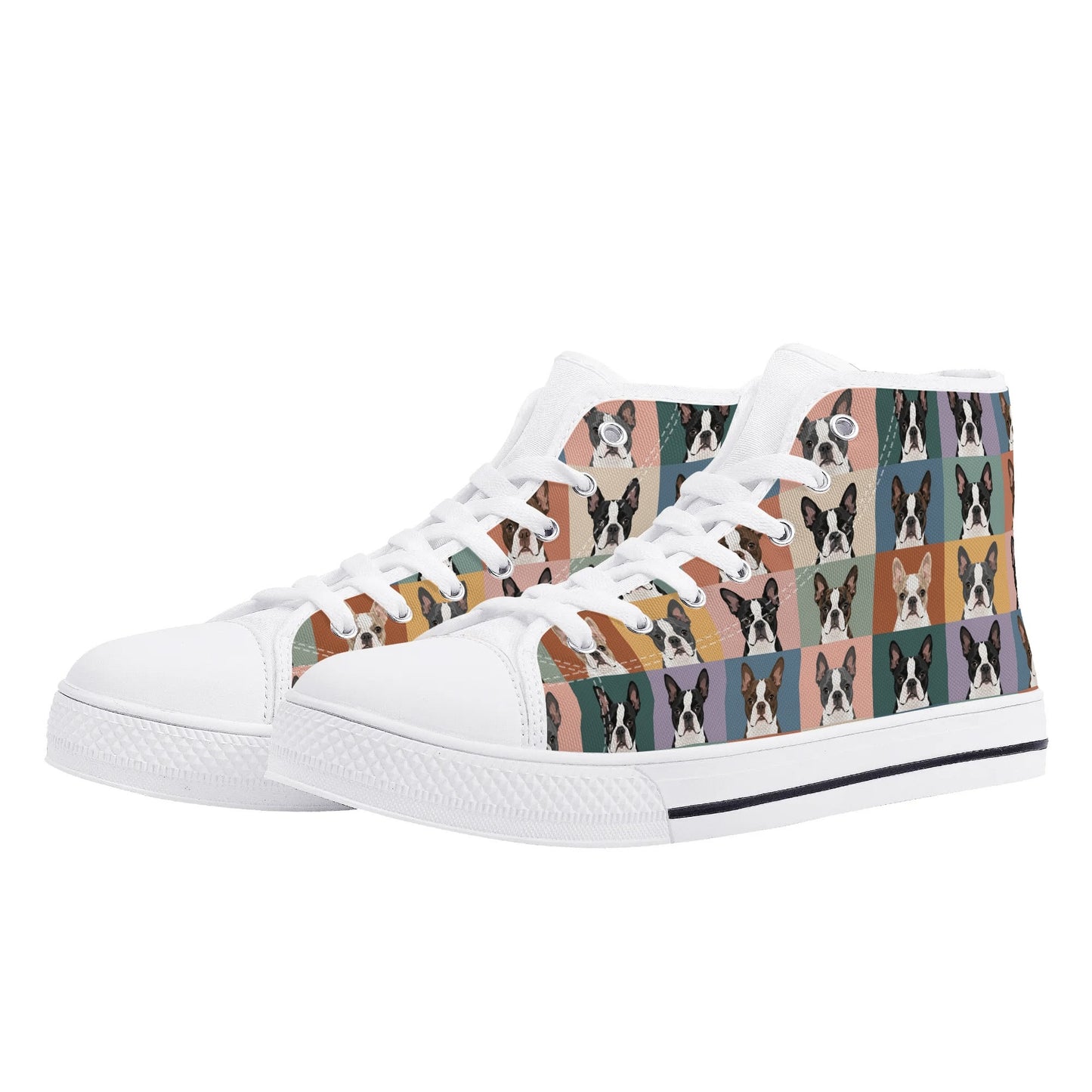 Pop Art Style Colored Boston Terriers Modern Tiles Pattern Unisex Rubber High Top Canvas Shoes . White