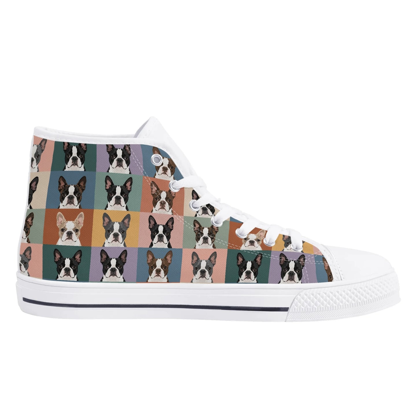 Pop Art Style Colored Boston Terriers Modern Tiles Pattern Unisex Rubber High Top Canvas Shoes .