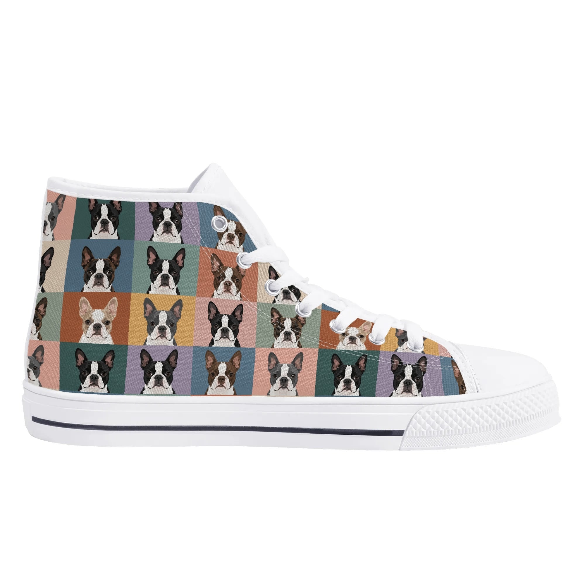 Pop Art Style Colored Boston Terriers Modern Tiles Pattern Unisex Rubber High Top Canvas Shoes .