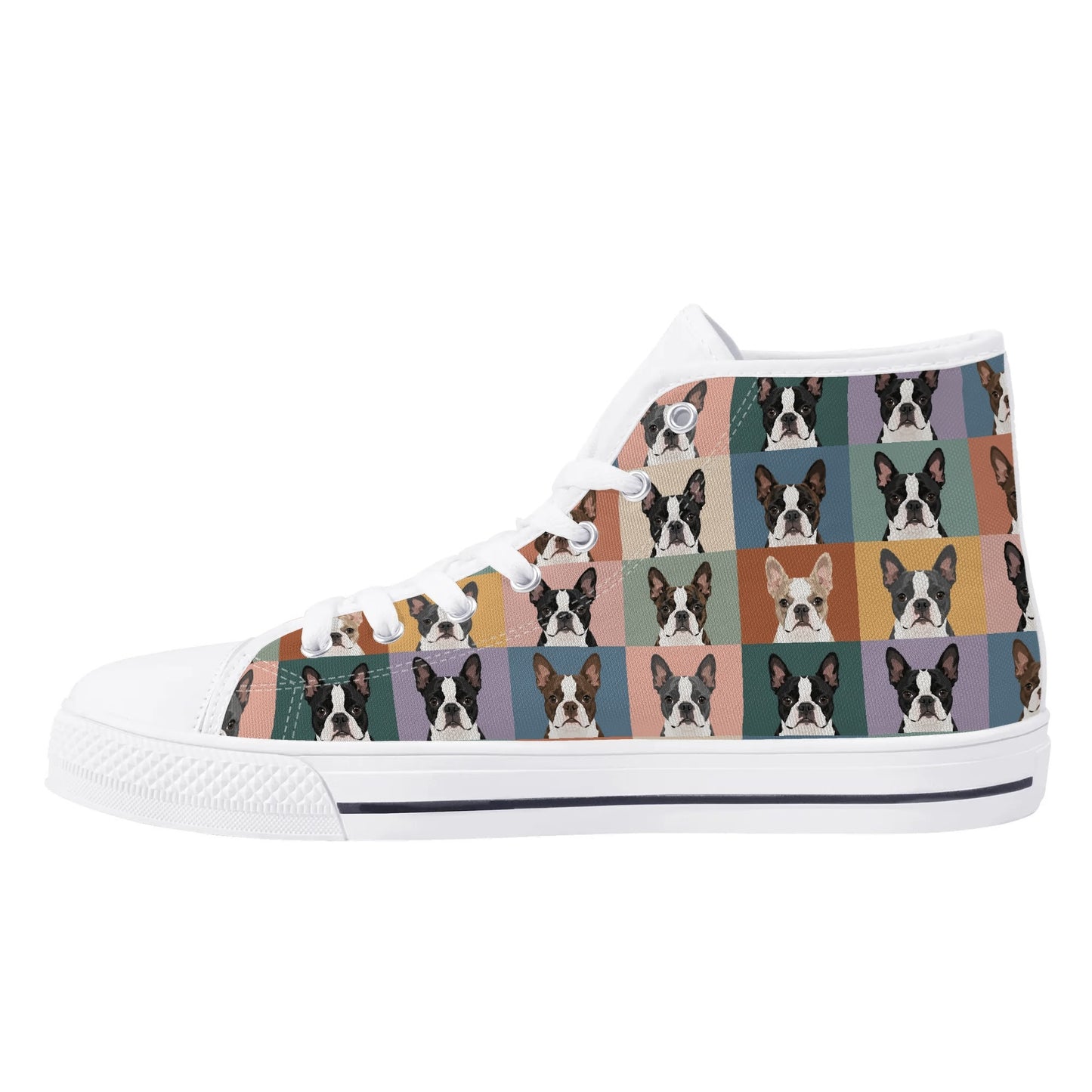 Pop Art Style Colored Boston Terriers Modern Tiles Pattern Unisex Rubber High Top Canvas Shoes .