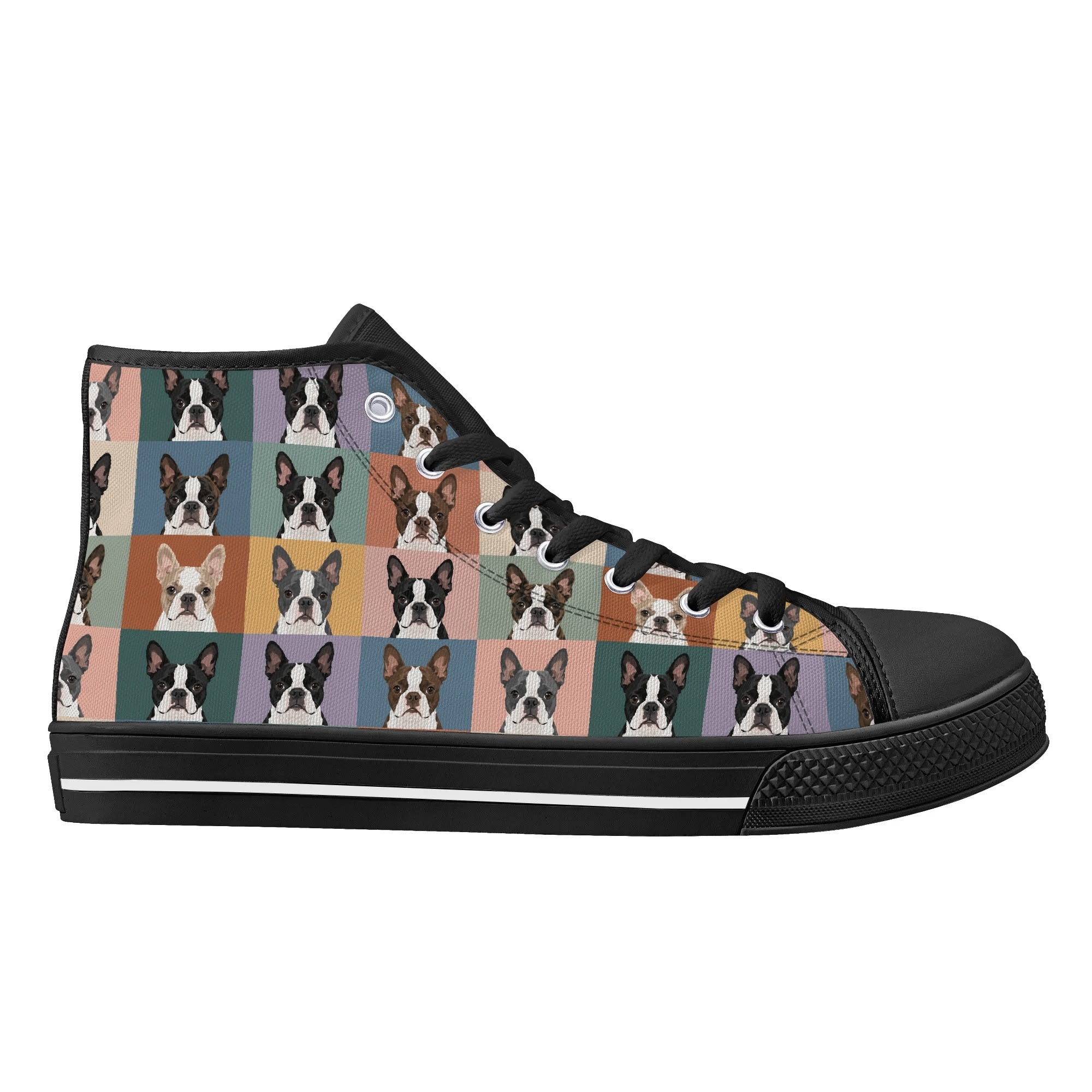 Pop Art Style Colored Boston Terriers Modern Tiles Pattern Unisex Rubber High Top Canvas Shoes .