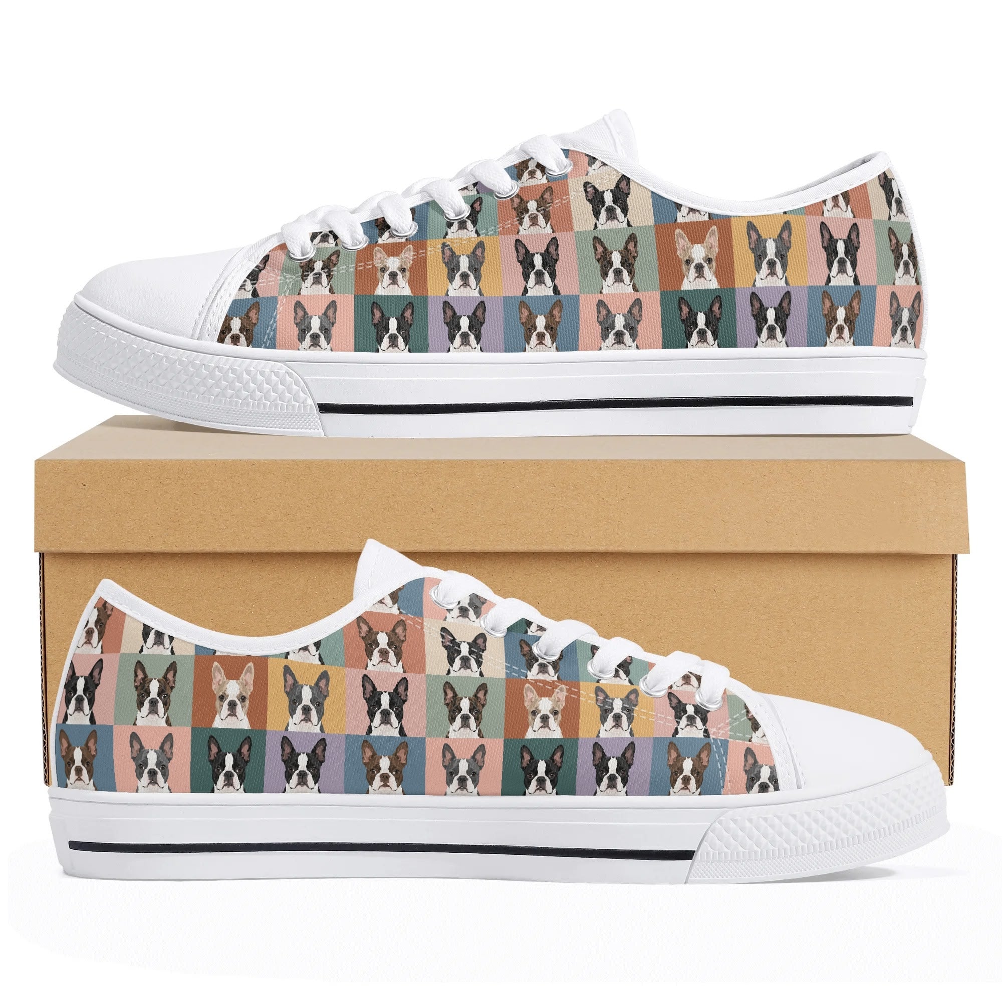 Pop Art Style Colored Boston Terriers Modern Tiles Pattern Unisex Rubber Low Top Canvas Shoes . White