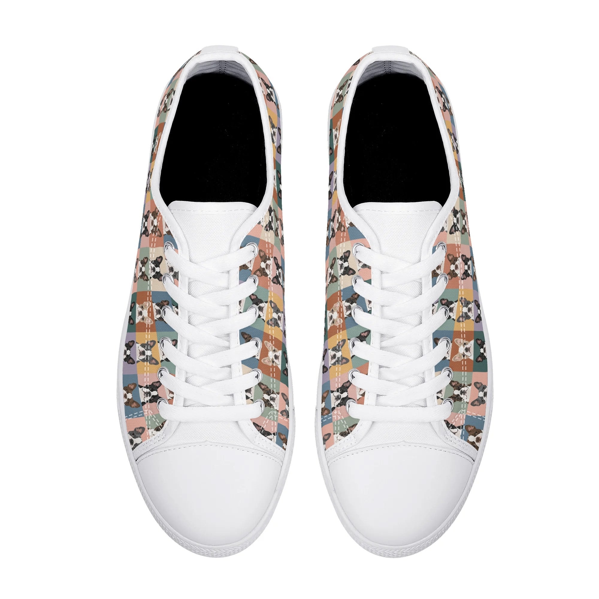 Pop Art Style Colored Boston Terriers Modern Tiles Pattern Unisex Rubber Low Top Canvas Shoes .