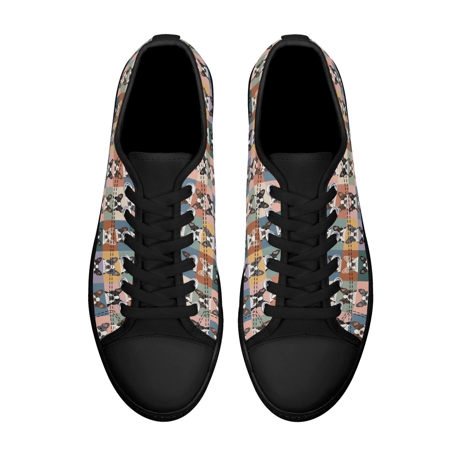 Pop Art Style Colored Boston Terriers Modern Tiles Pattern Unisex Rubber Low Top Canvas Shoes .