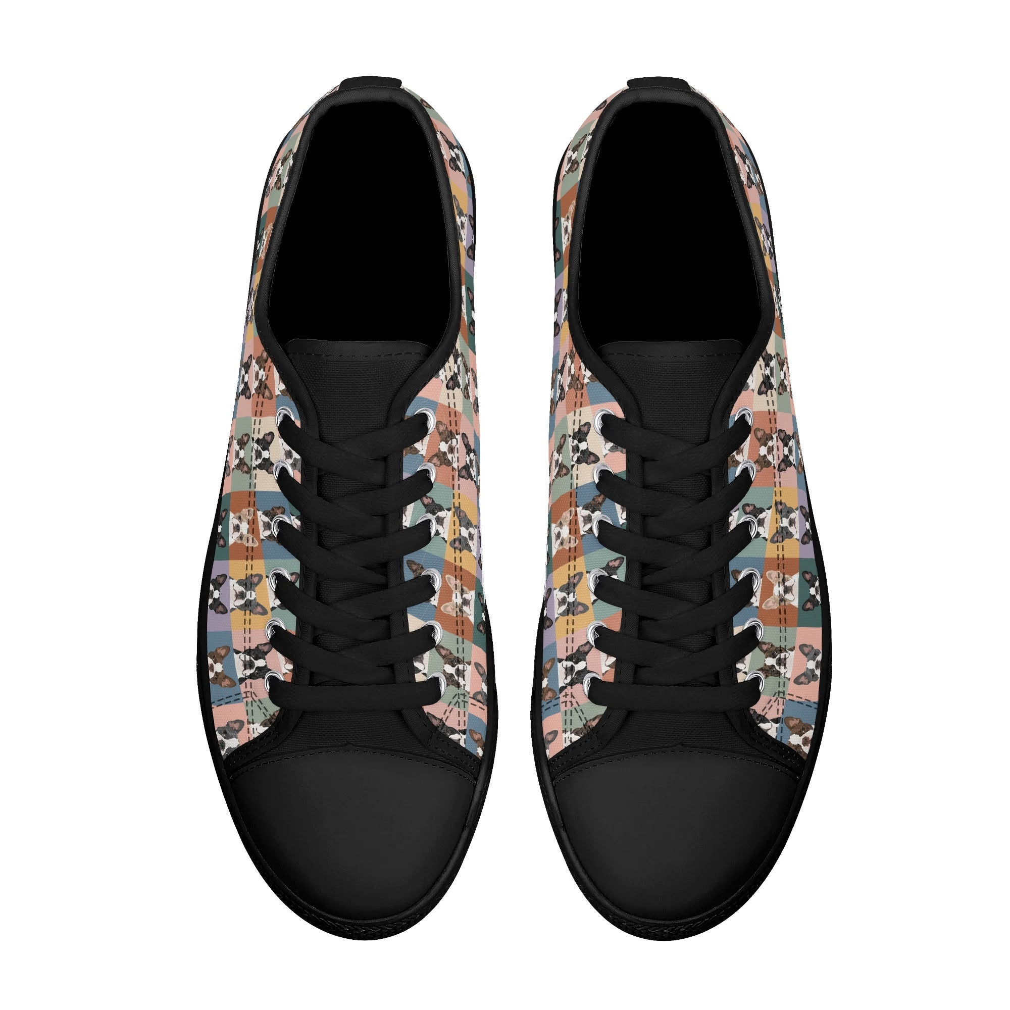 Pop Art Style Colored Boston Terriers Modern Tiles Pattern Unisex Rubber Low Top Canvas Shoes .