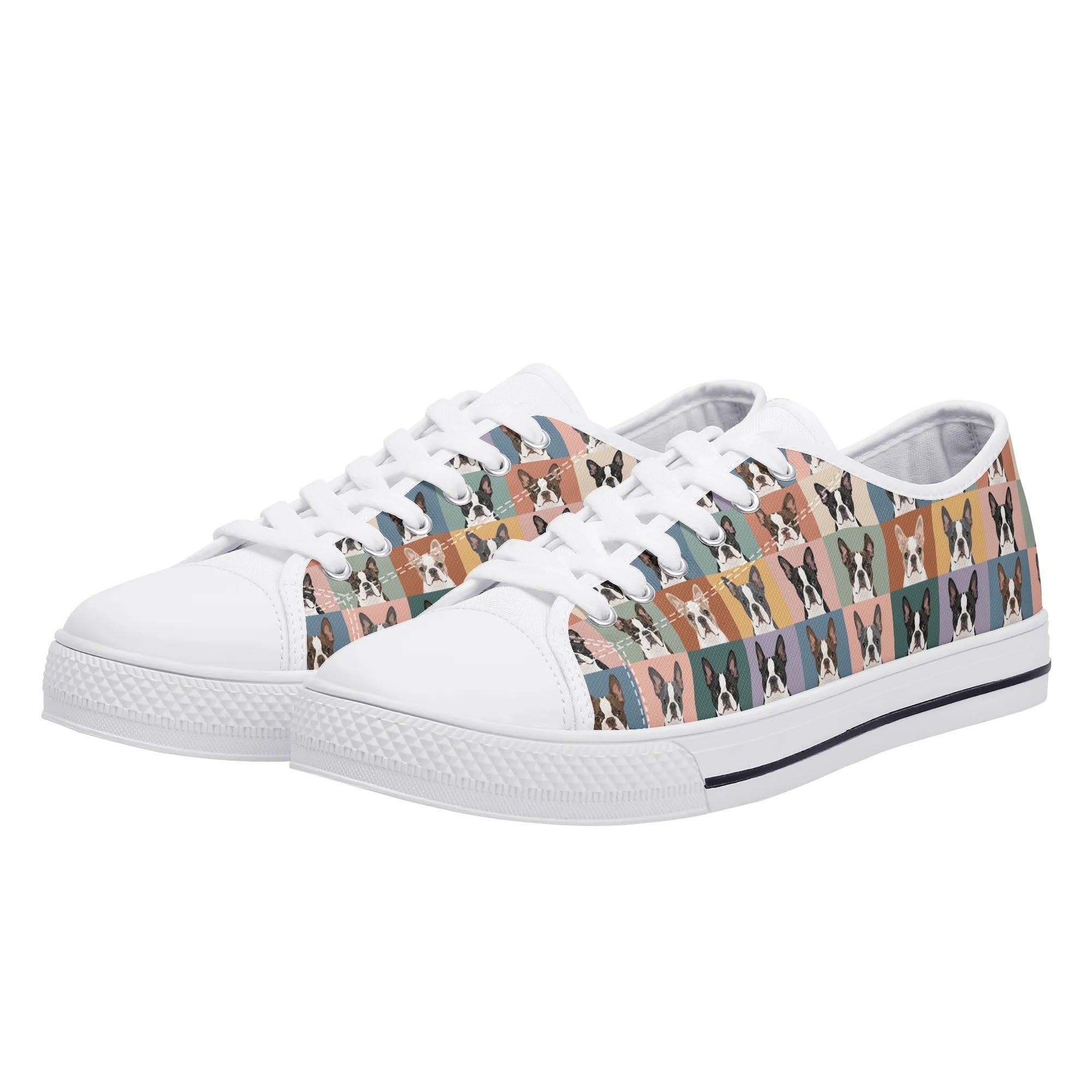 Pop Art Style Colored Boston Terriers Modern Tiles Pattern Unisex Rubber Low Top Canvas Shoes .
