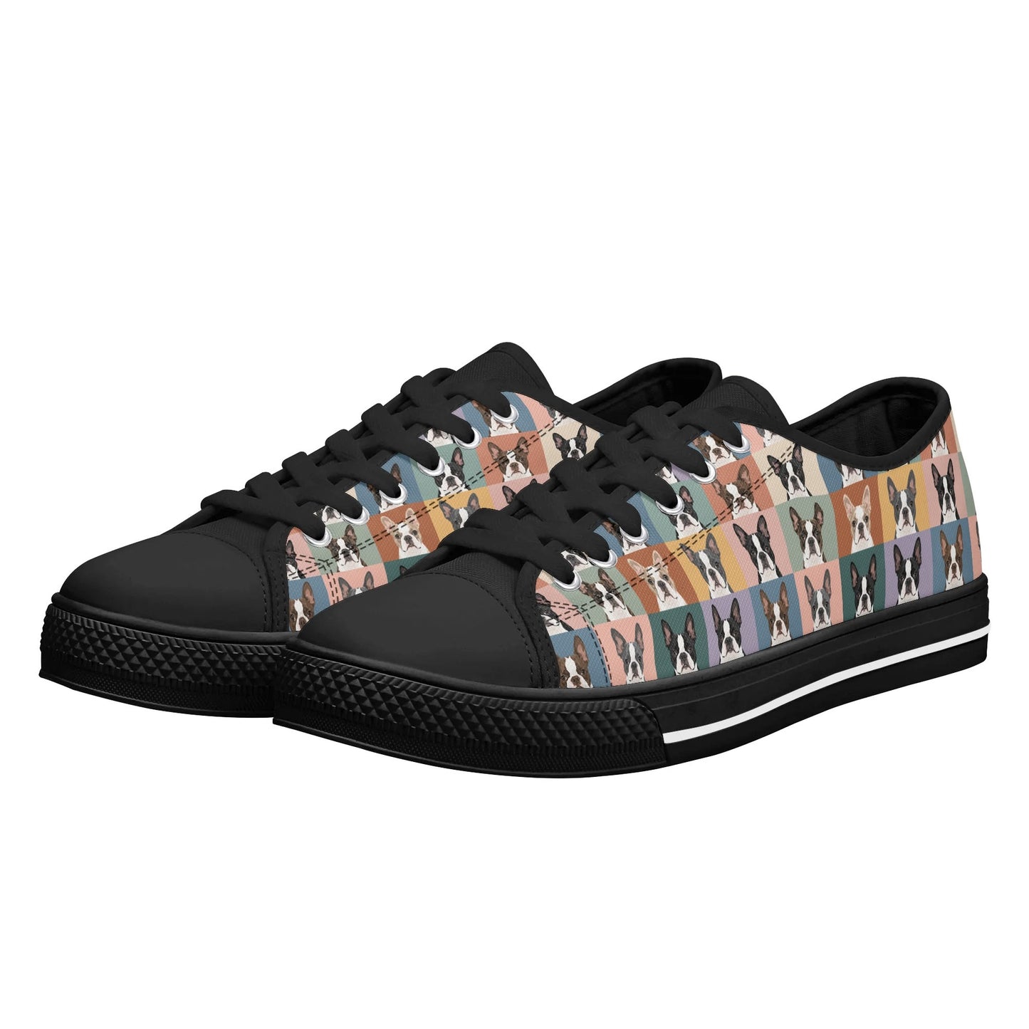 Pop Art Style Colored Boston Terriers Modern Tiles Pattern Unisex Rubber Low Top Canvas Shoes .