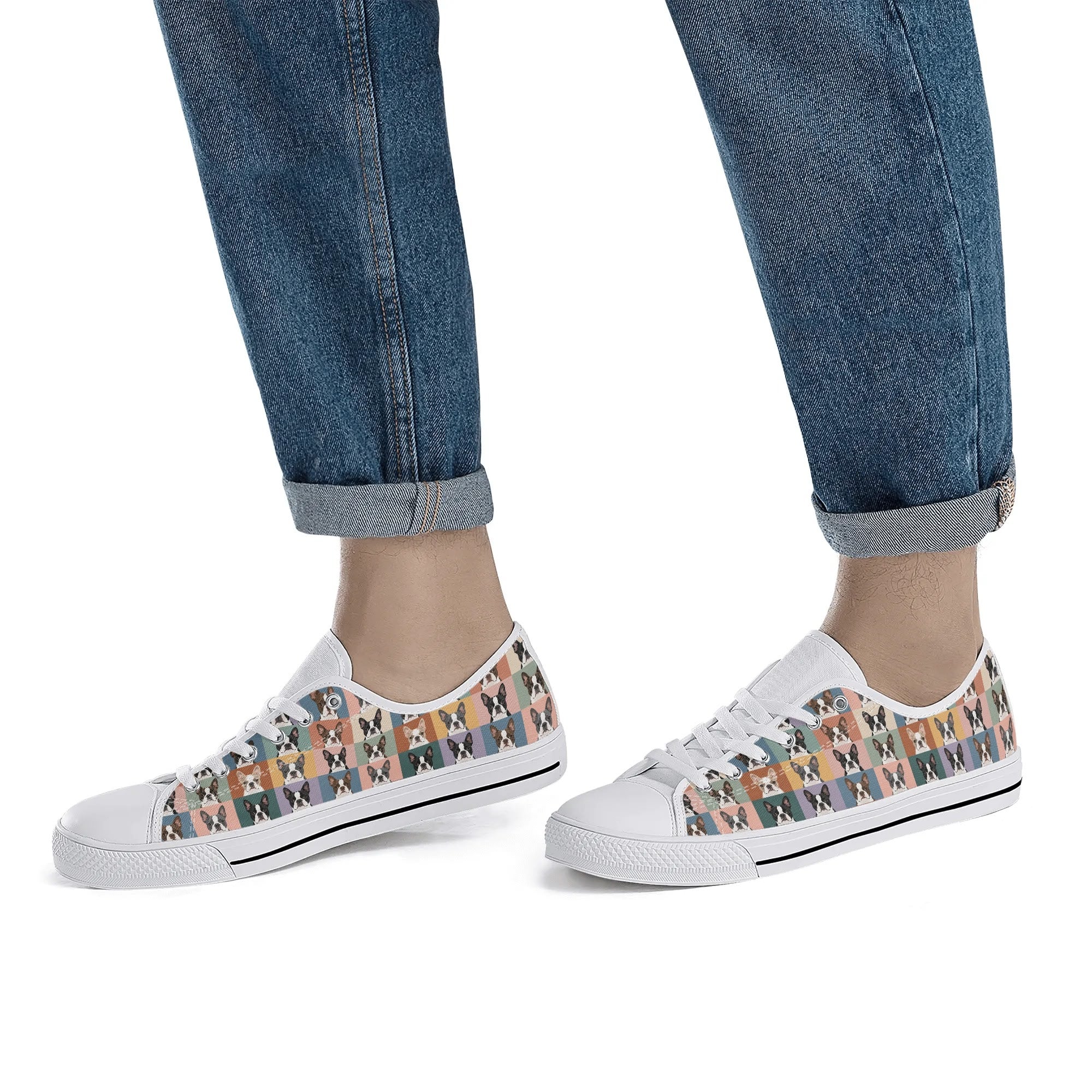 Pop Art Style Colored Boston Terriers Modern Tiles Pattern Unisex Rubber Low Top Canvas Shoes .