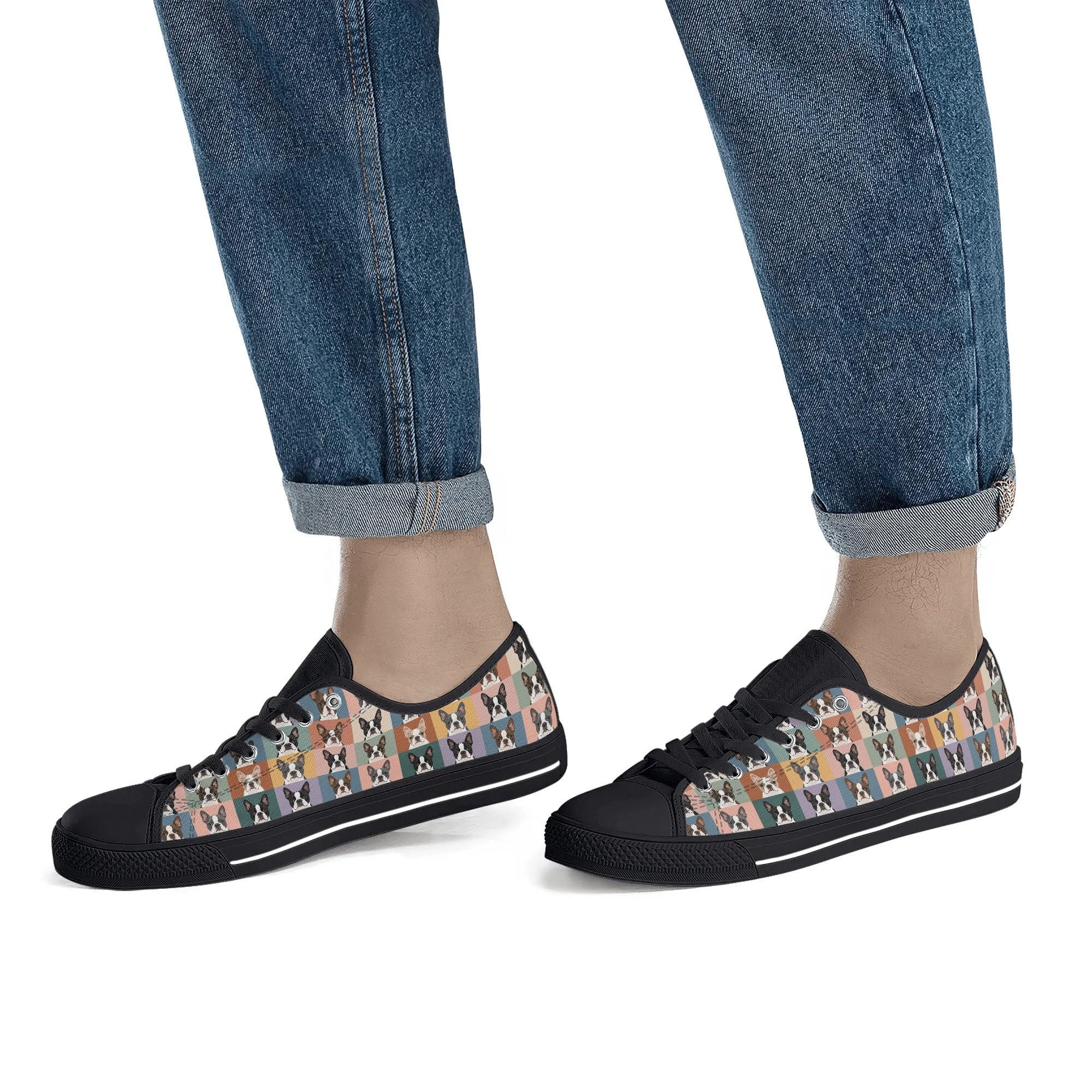 Pop Art Style Colored Boston Terriers Modern Tiles Pattern Unisex Rubber Low Top Canvas Shoes .