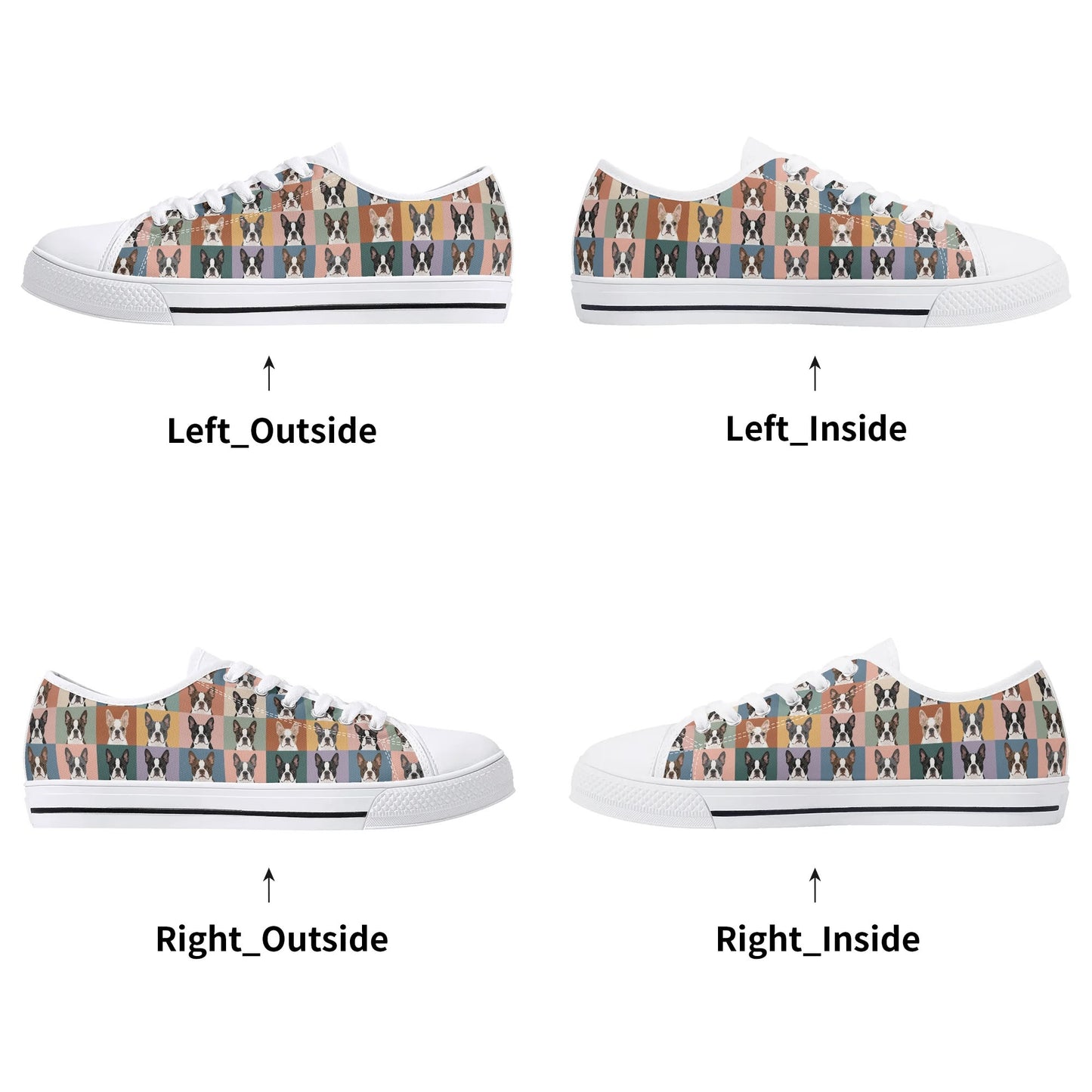 Pop Art Style Colored Boston Terriers Modern Tiles Pattern Unisex Rubber Low Top Canvas Shoes .