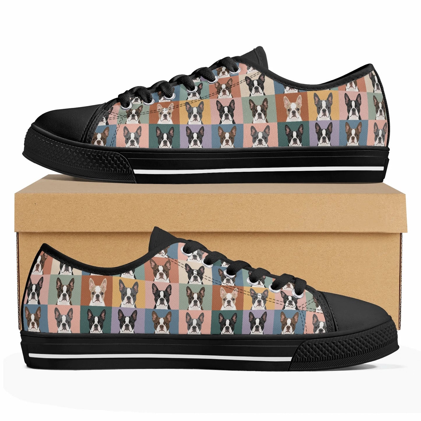 Pop Art Style Colored Boston Terriers Modern Tiles Pattern Unisex Rubber Low Top Canvas Shoes . Black