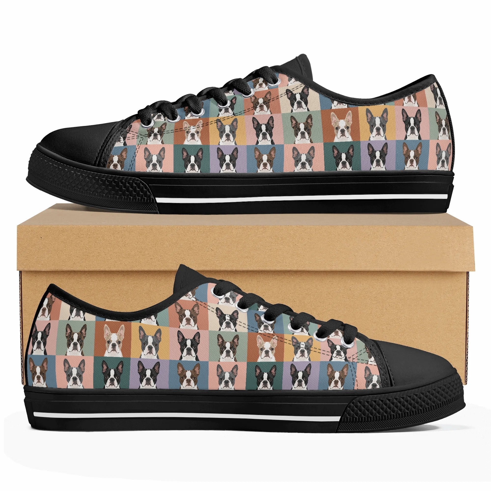 Pop Art Style Colored Boston Terriers Modern Tiles Pattern Unisex Rubber Low Top Canvas Shoes . Black