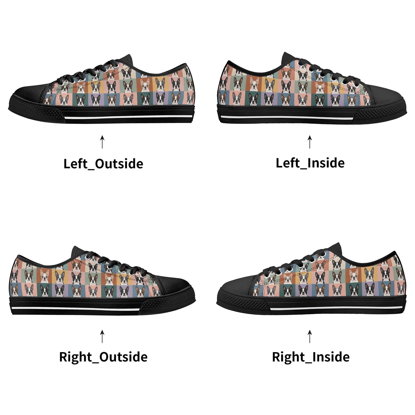 Pop Art Style Colored Boston Terriers Modern Tiles Pattern Unisex Rubber Low Top Canvas Shoes .