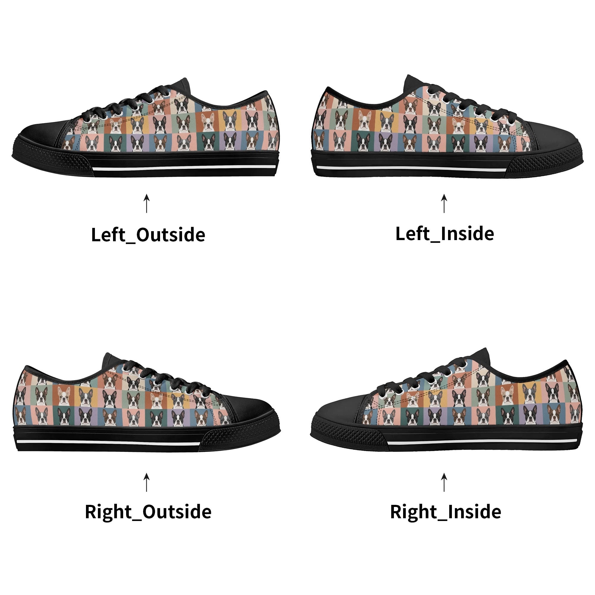 Pop Art Style Colored Boston Terriers Modern Tiles Pattern Unisex Rubber Low Top Canvas Shoes .