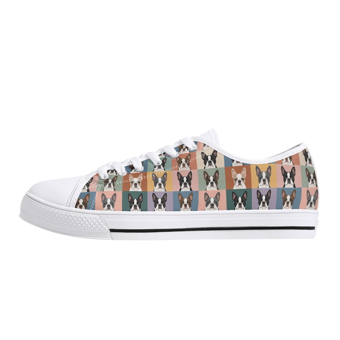 Pop Art Style Colored Boston Terriers Modern Tiles Pattern Unisex Rubber Low Top Canvas Shoes .