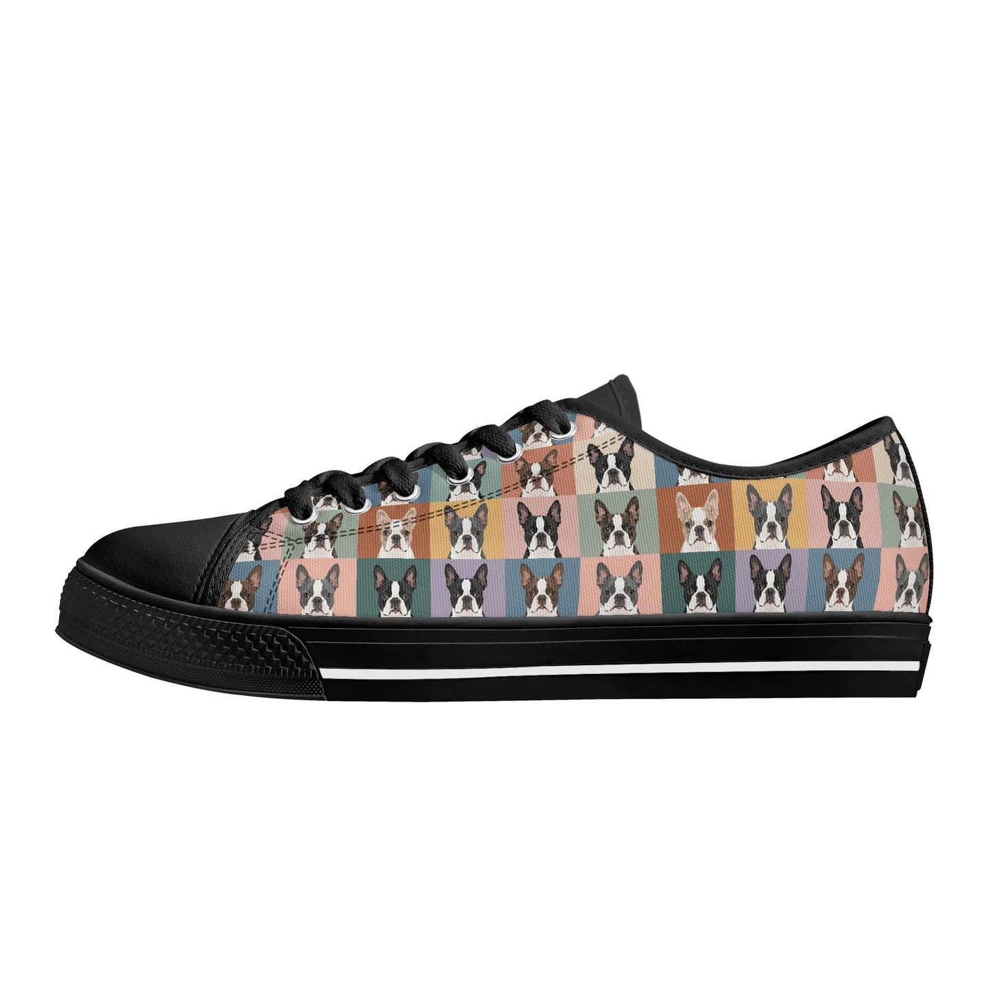Pop Art Style Colored Boston Terriers Modern Tiles Pattern Unisex Rubber Low Top Canvas Shoes .