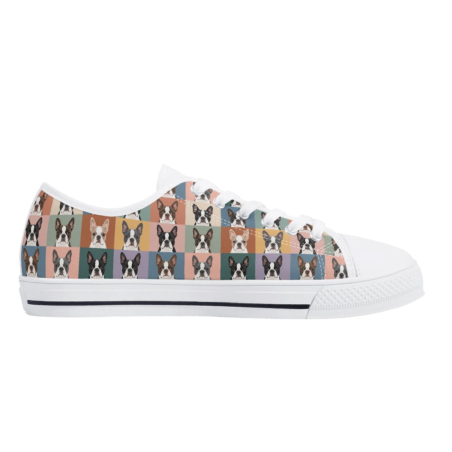 Pop Art Style Colored Boston Terriers Modern Tiles Pattern Unisex Rubber Low Top Canvas Shoes .
