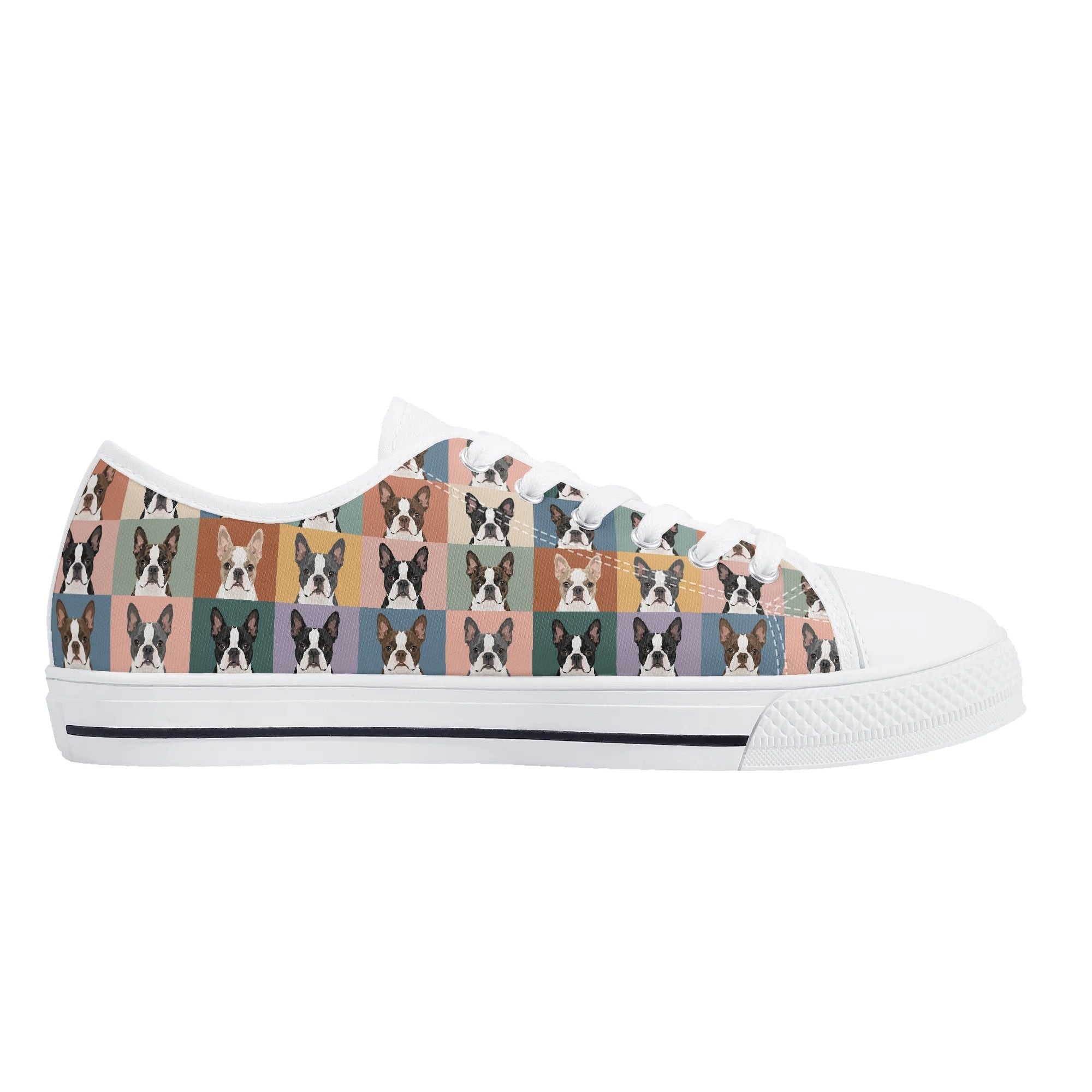 Pop Art Style Colored Boston Terriers Modern Tiles Pattern Unisex Rubber Low Top Canvas Shoes .