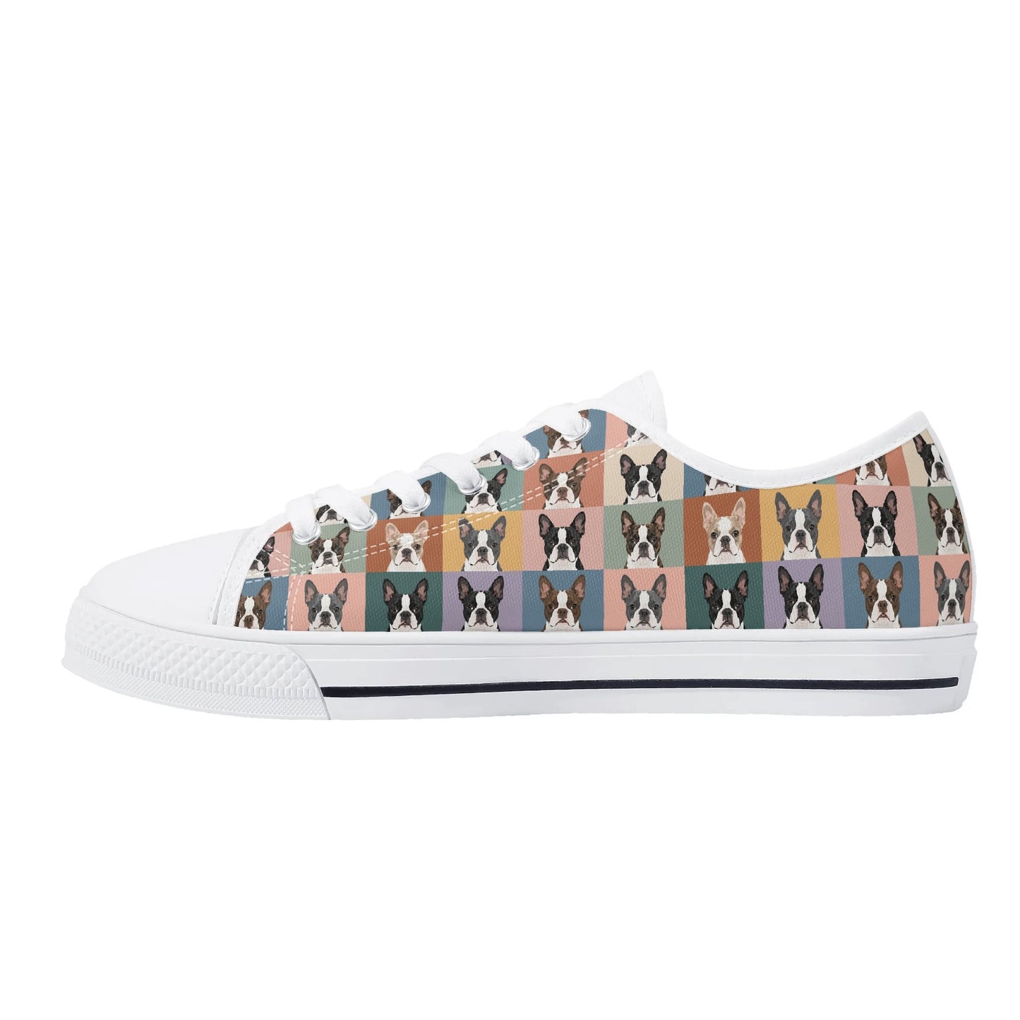 Pop Art Style Colored Boston Terriers Modern Tiles Pattern Unisex Rubber Low Top Canvas Shoes .