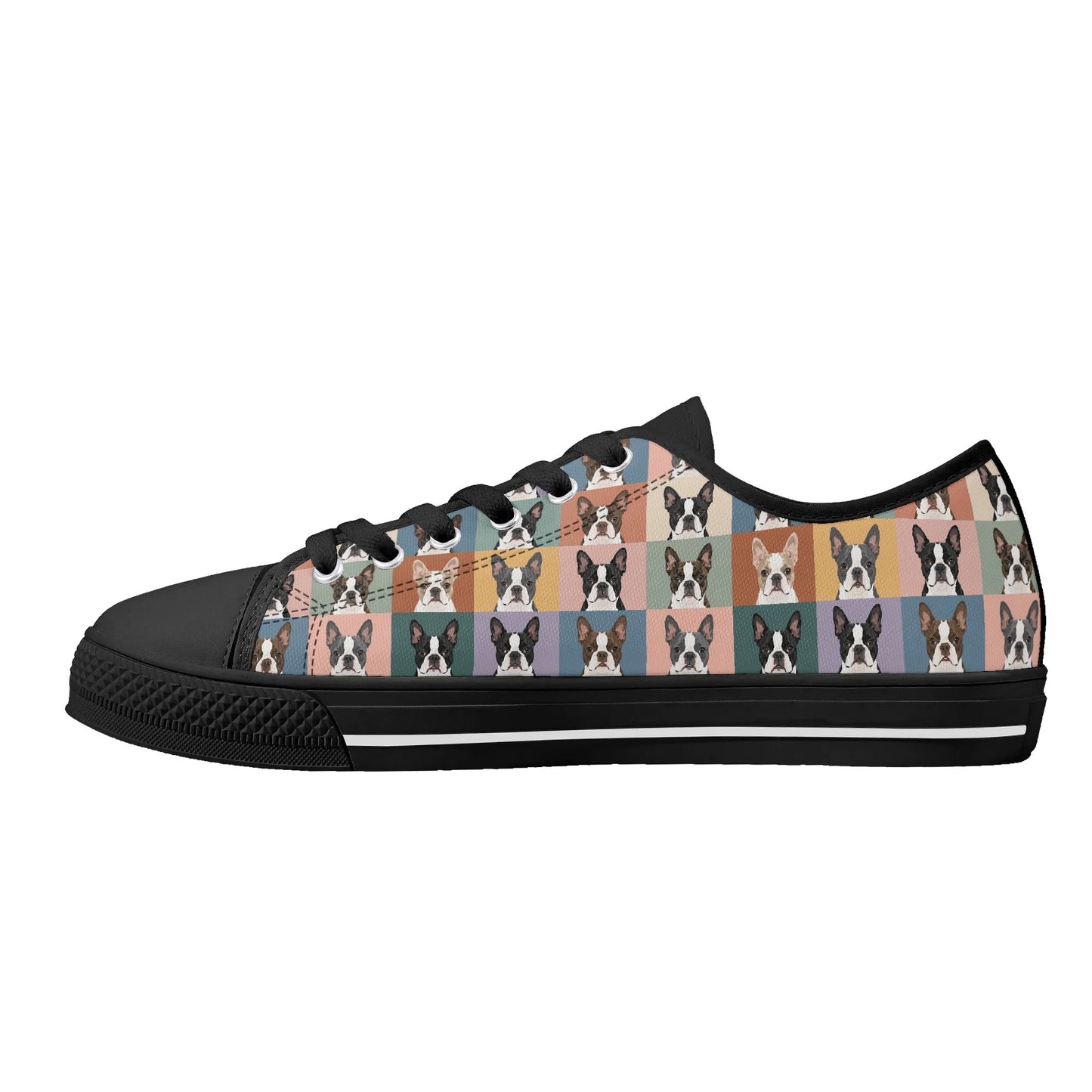 Pop Art Style Colored Boston Terriers Modern Tiles Pattern Unisex Rubber Low Top Canvas Shoes .