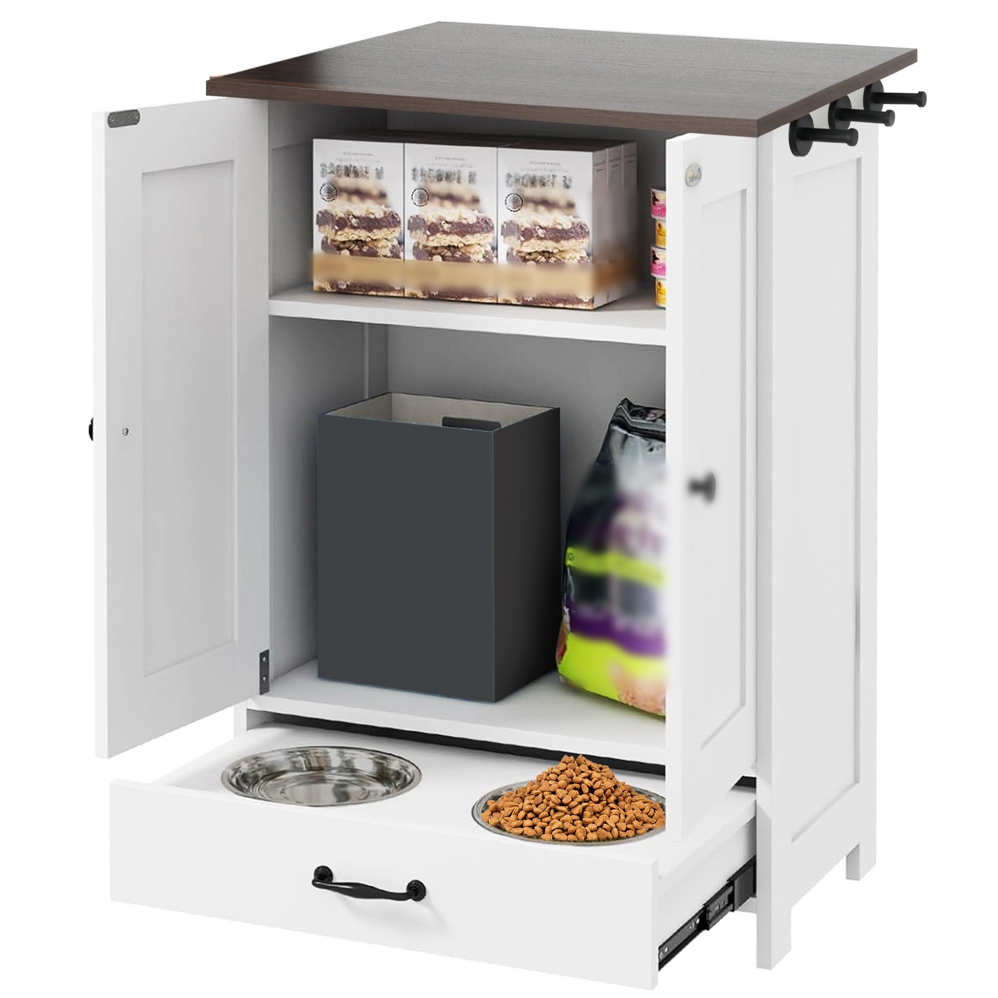Dog Food Storage Cabinet With Hidden Dog Bowls, Adjustable Panel, Hooks, For Medium Sized Dogs, White