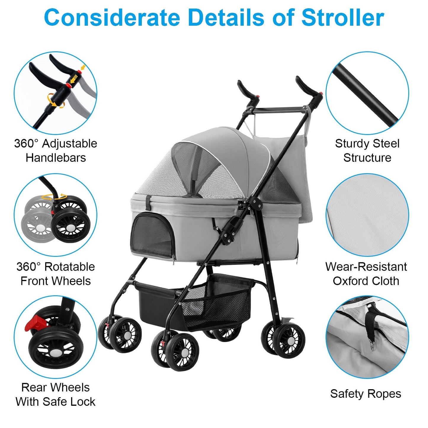 4-Wheels Pet Stroller Foldable Carrier With Removable Liner and Storage Basket