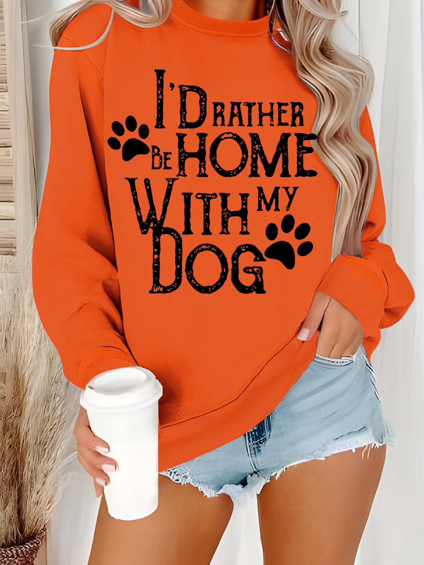 I'd Rather Be Home With My Dog Sweatshirt with Dog Paw Prints . Tangerine red