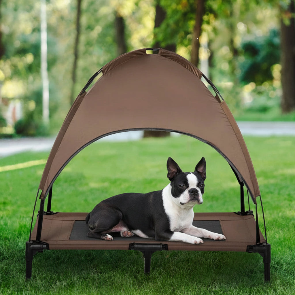 Portable Elevated Dog Bed with Sun Shade Canopy – Outdoor Cooling Pet Cot (36") - Coffee .