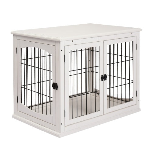 Furniture Dog Crate with Two Open Sides and Lockable Door - White and Black