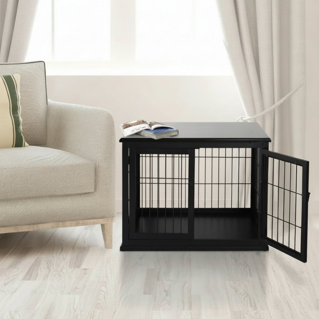 Dog Crate Furniture, 32 Inch Wide Small Medium Dog Cage, End Table With 2 Doors, Puppy Kennel, Black .