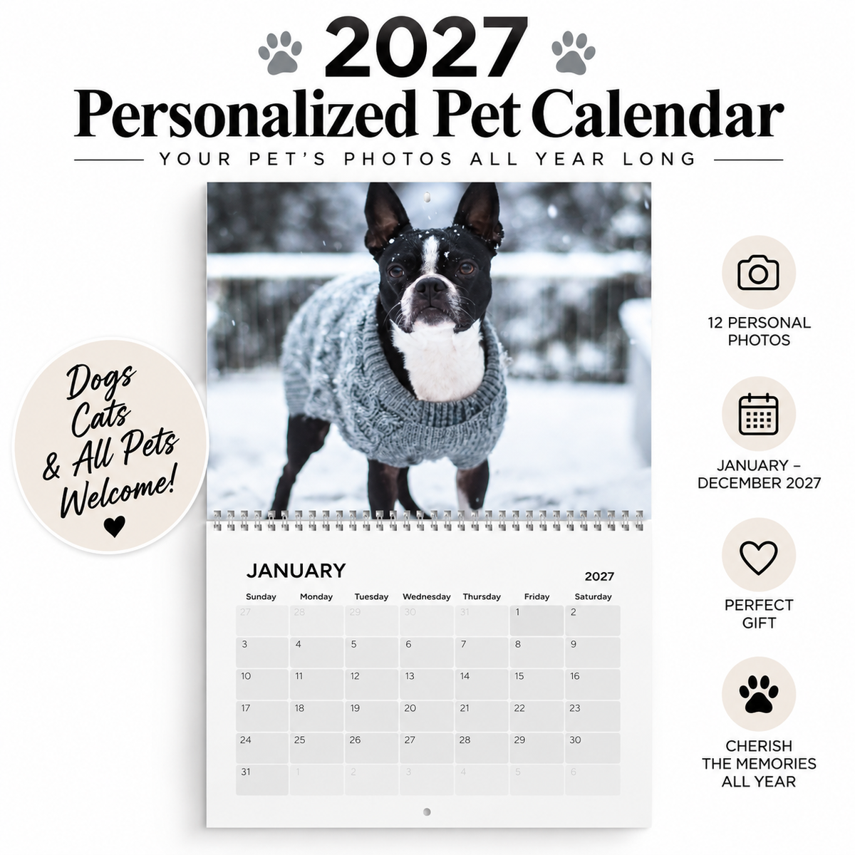 2027 Personalized Wall Calendar with Your Dog's Photos