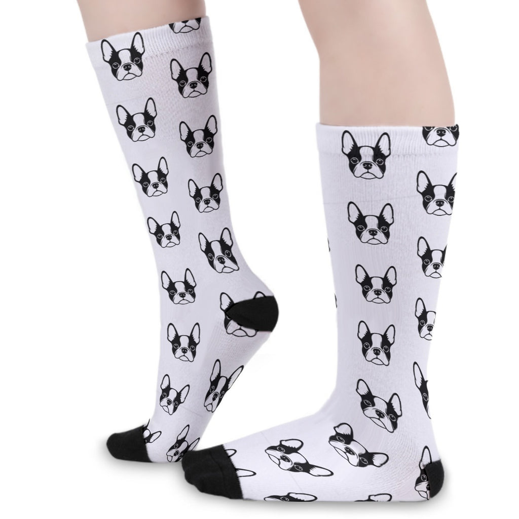 Bostie Faces Unisex Long Socks For Boston Terrier lovers - White