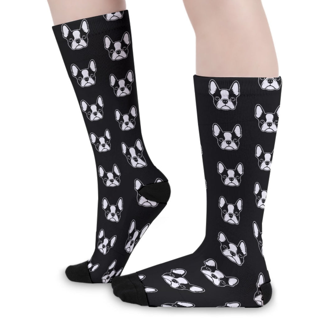 Bostie Faces Unisex Long Socks For Boston Terrier Lovers - Black