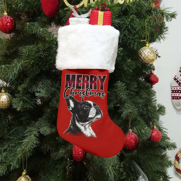 Merry Christmas Stocking Socks With Plush Cuff and Boston Terrier Print