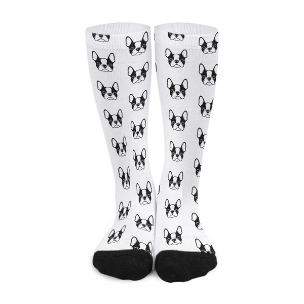 Bostie Faces Unisex Long Socks For Boston Terrier lovers - White