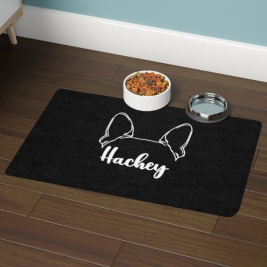 Personalized Dog Food Mat - Ears With Boston Terrier Name Pet Feeding Mat (12x18)